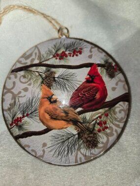 Winter/Christmas Scene Cardinal on Branch Hand-Painted Round Disc